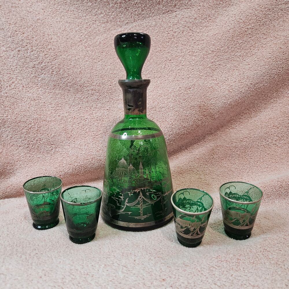Vintage Venetian Emerald Green Glass Decanter Set w/ Silver Overlay & 4 Glasses